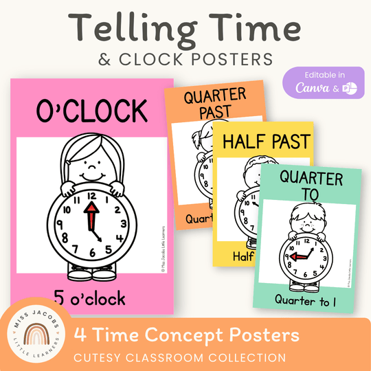 Telling Time and Clock Posters - Cutesy Classroom Decor