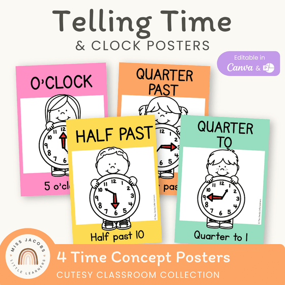 Telling Time and Clock Posters - Cutesy Classroom Decor - Miss Jacobs Little Learners