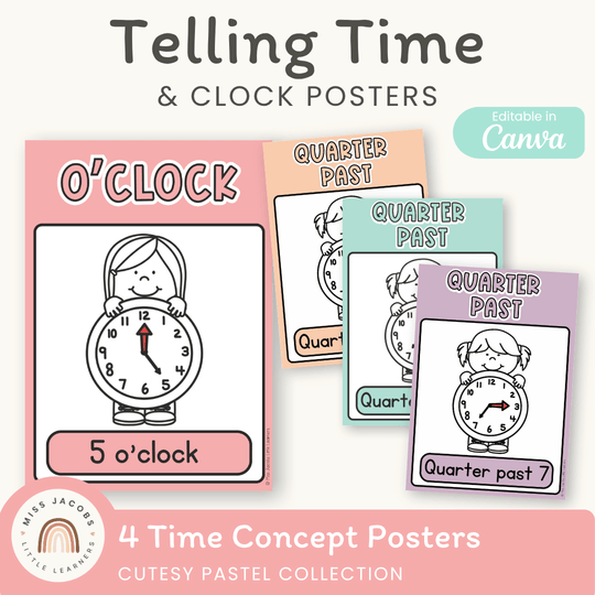 Telling Time and Clock Posters - Cutesy Pastel Math Decor