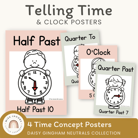 Telling Time and Clock Posters - Daisy Gingham Neutrals