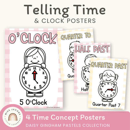 Telling Time and Clock Posters - Daisy Gingham Pastels Theme