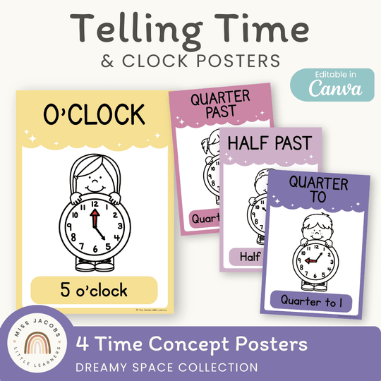Telling Time and Clock Posters - Dreamy Space Theme Classroom Decor