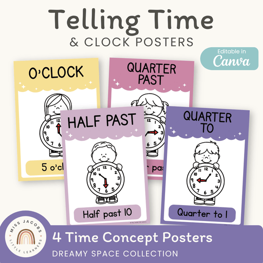 Telling Time and Clock Posters - Dreamy Space Theme Classroom Decor