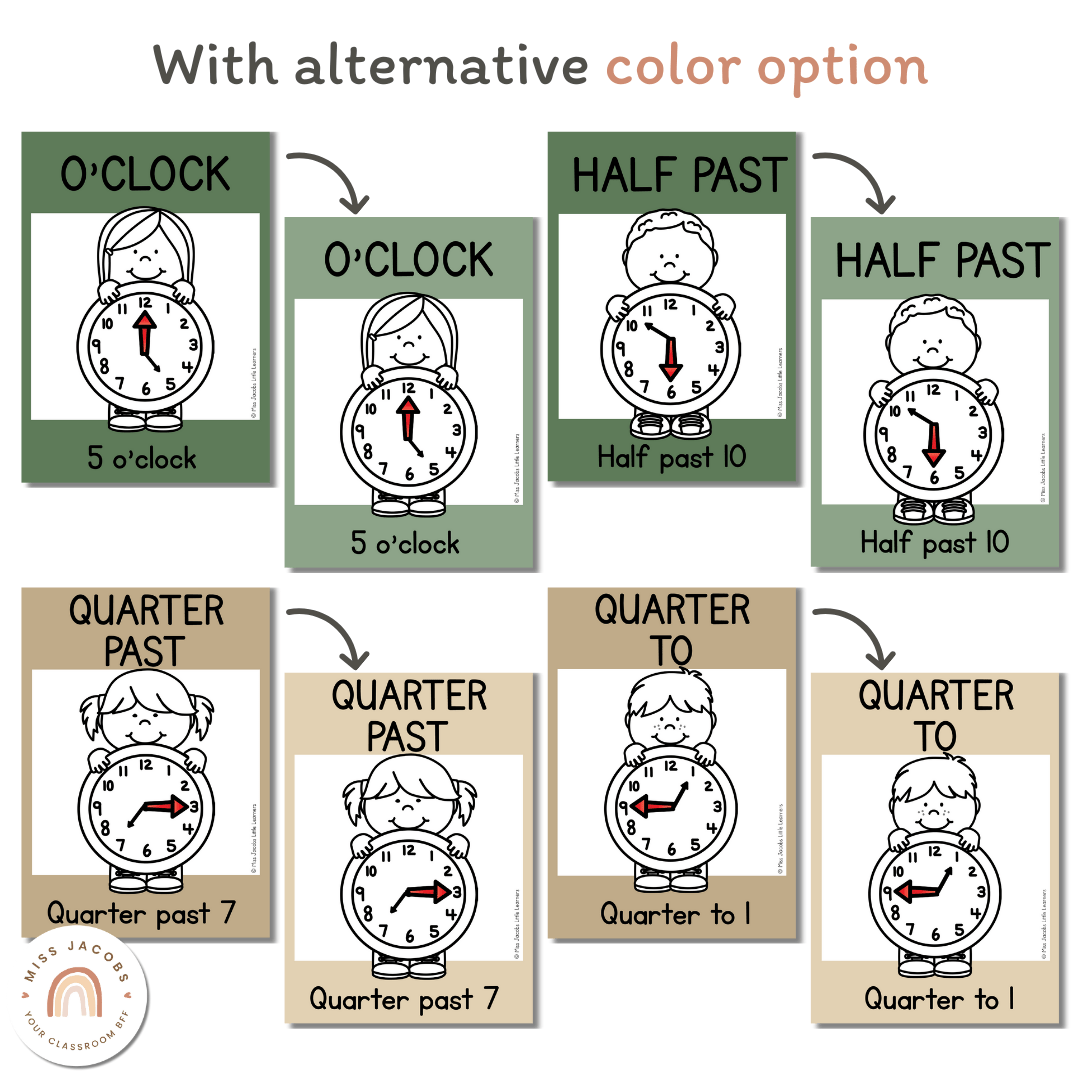 Telling Time Example Colorful Telling Time and Clock Posters - Modern Botanical Theme - Miss Jacobs