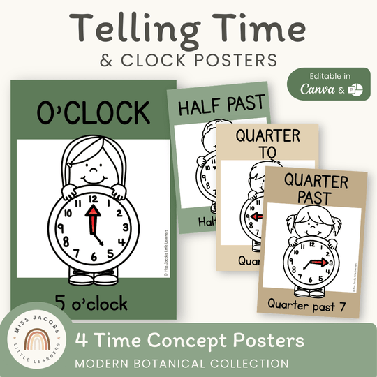 Telling Time and Clock Posters - Modern Botanical Theme