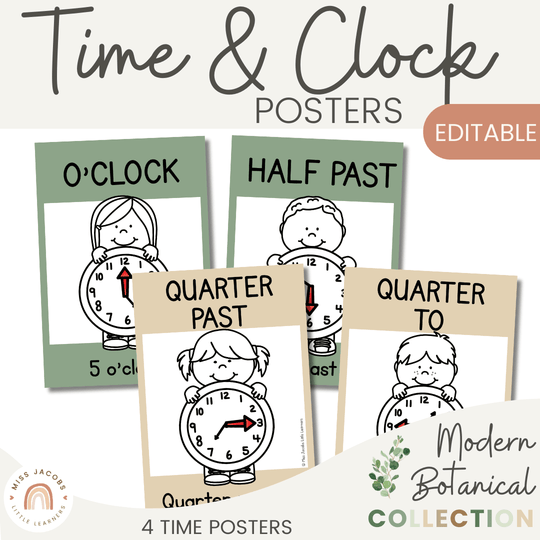 Telling Time and Clock Posters - Modern Botanical Theme