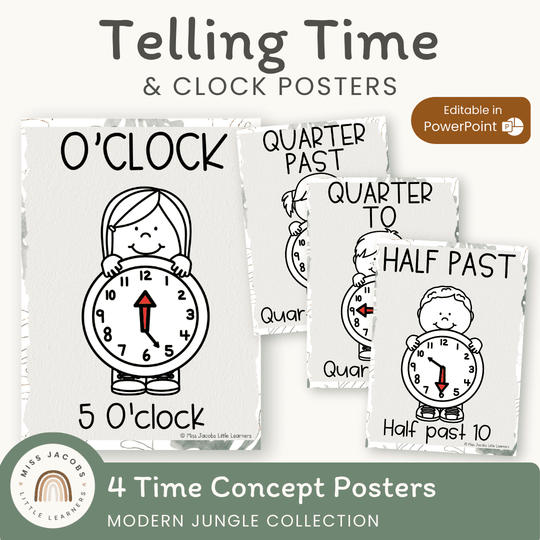 Telling Time and Clock Posters - Modern Jungle Classroom Decor