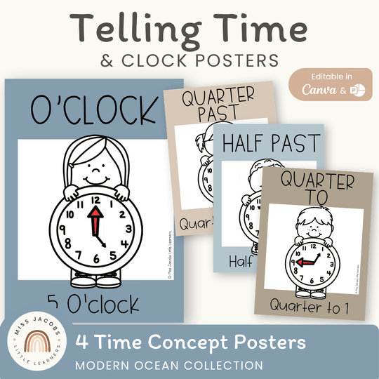 Telling Time and Clock Posters - Modern Ocean Classroom Decor