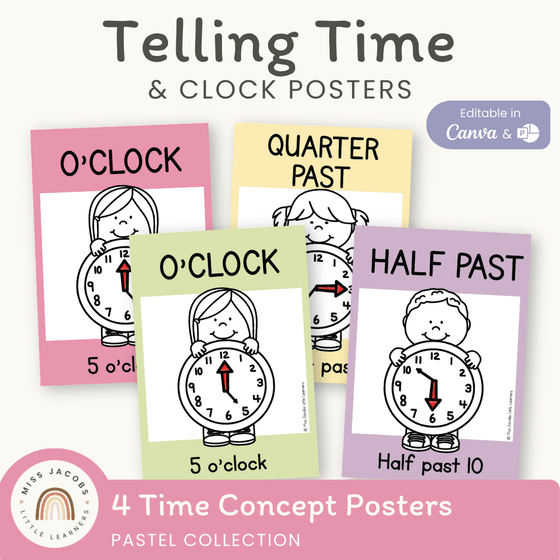 Telling Time and Clock Posters - Pastel Classroom Theme - Miss Jacobs Little Learners