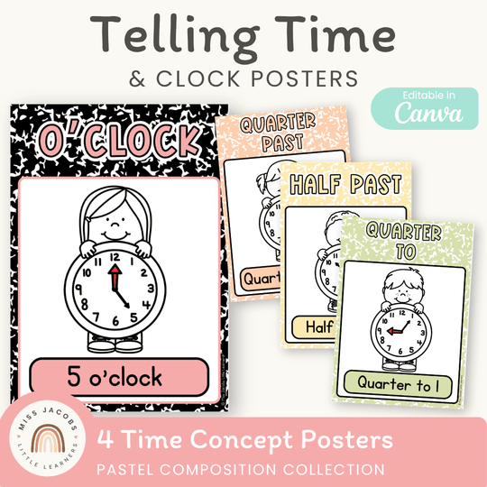 Telling Time and Clock Posters - Pastel Composition Notebook Math Decor