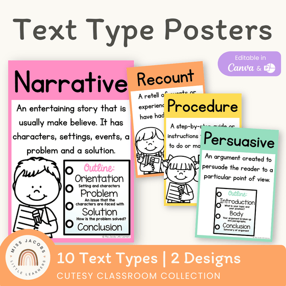 Text Type Posters - Cutesy Classroom Decor - Miss Jacobs Little Learners