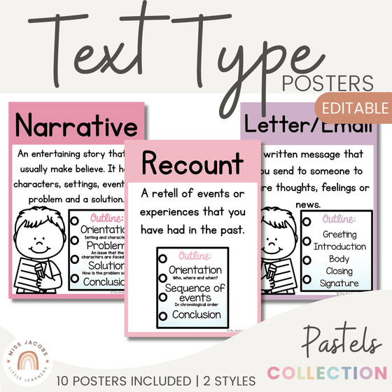 Text Type Posters - Pastel Classroom Theme - Miss Jacobs Little Learners