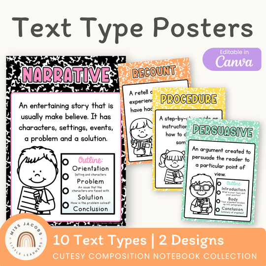 Text Types Posters - Cutesy Composition Notebook English Decor