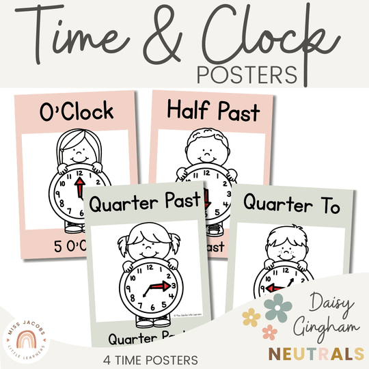 Telling Time and Clock Posters - Daisy Gingham Neutrals