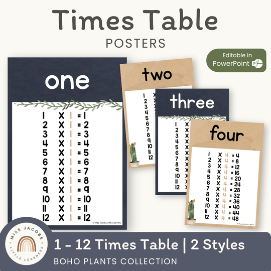Times Table Chart - Boho Plants Classroom Decor