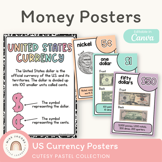 U.S. Money Posters - Cutesy Pastel Math Decor