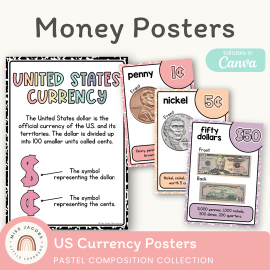 U.S. Money Posters - Pastel Composition Notebook Math Decor