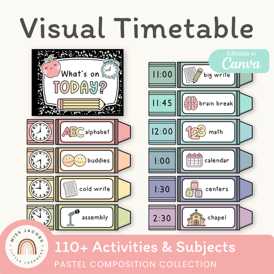 Visual Timetable Daily Schedule - Pastel Composition Notebook Classroom Decor
