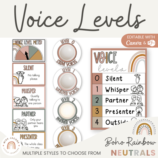 Voice Levels Chart - Boho Rainbow Neutrals Classroom Decor