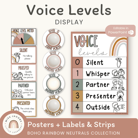 Voice Levels Chart - Boho Rainbow Neutrals Classroom Decor - Miss Jacobs Little Learners