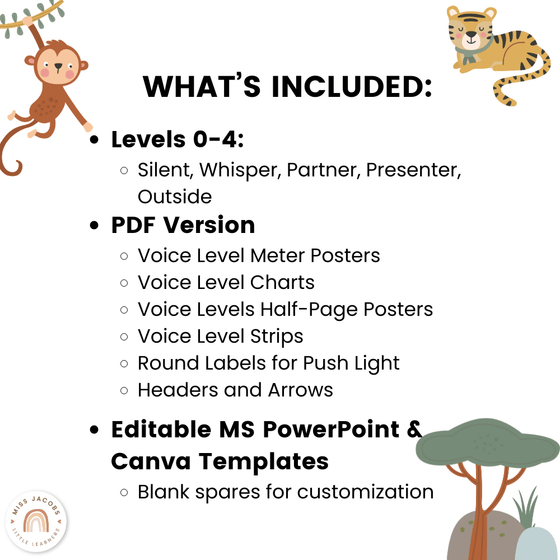 Voice Levels Chart - Cute Jungle Animals Decor - Miss Jacobs Little Learners