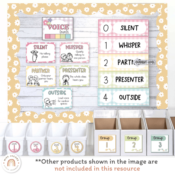 Voice Levels Chart - Daisy Gingham Pastels Decor - Miss Jacobs Little Learners