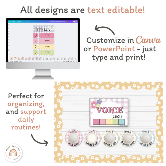 Voice Levels Chart - Daisy Gingham Pastels Decor - Miss Jacobs Little Learners