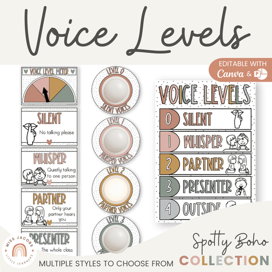 Voice Levels Chart - Spotty Boho Classroom Decor - Miss Jacobs Little Learners