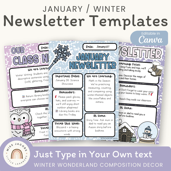 Winter Newsletters Templates - Composition Notebook Classroom Decor - Miss Jacobs Little Learners