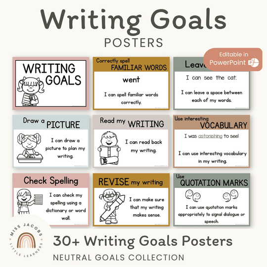 Writing Goals Posters | Neutral Toned Classroom Decor