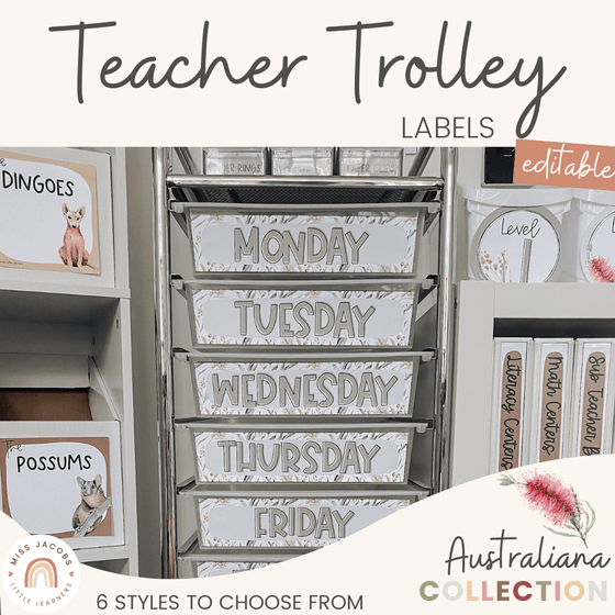 10 Drawer Cart Labels | Australiana Teacher Trolley Labels | Editable - Miss Jacobs Little Learners