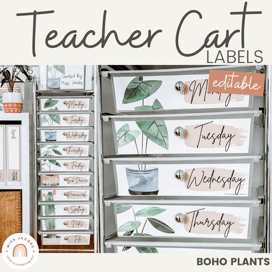 Teacher Trolley Labels for Rolling Cart - Boho Plants Decor