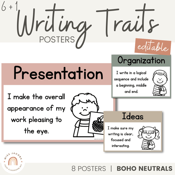 6+1 Traits of Writing Posters | Editable | Neutral Color Palette - Miss Jacobs Little Learners
