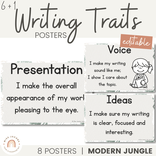 6 + 1 Traits of Writing Posters - Modern Jungle Classroom Decor