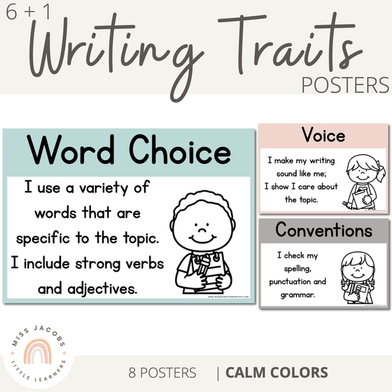 6+1 Traits of Writing Posters | MODERN RAINBOW Color Palette | Calm Colors Decor - Miss Jacobs Little Learners