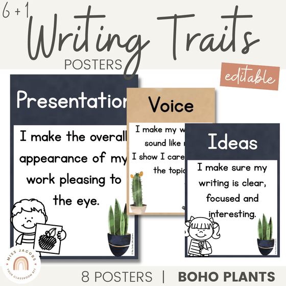 6+1 Traits of Writing Posters | Rustic BOHO PLANTS decor - Miss Jacobs Little Learners