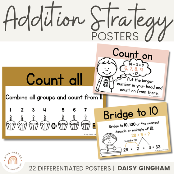 Addition Strategies Posters | Daisy Gingham Neutral Math Classroom Decor - Miss Jacobs Little Learners