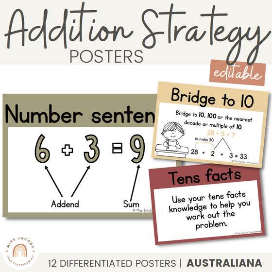 Addition Strategy Posters | Math Posters Bundle | Australiana Classroom Decor | Australian Flora and Fauna | Miss Jacobs Little Learners | Editable