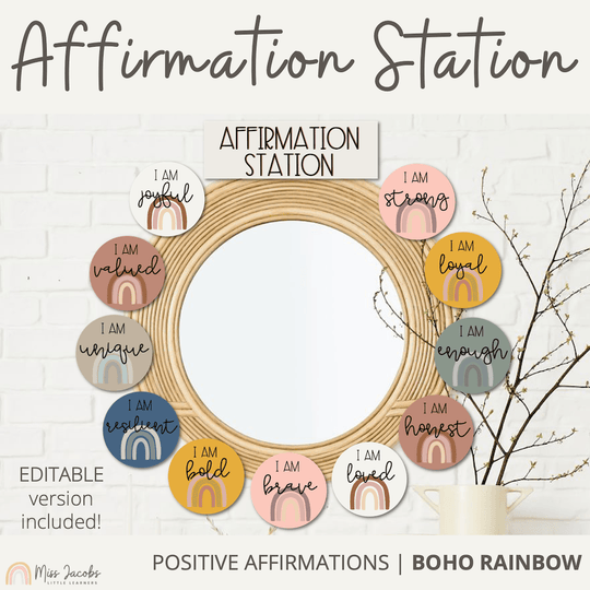 Affirmation Station - Boho Rainbow Neutrals Classroom Decor