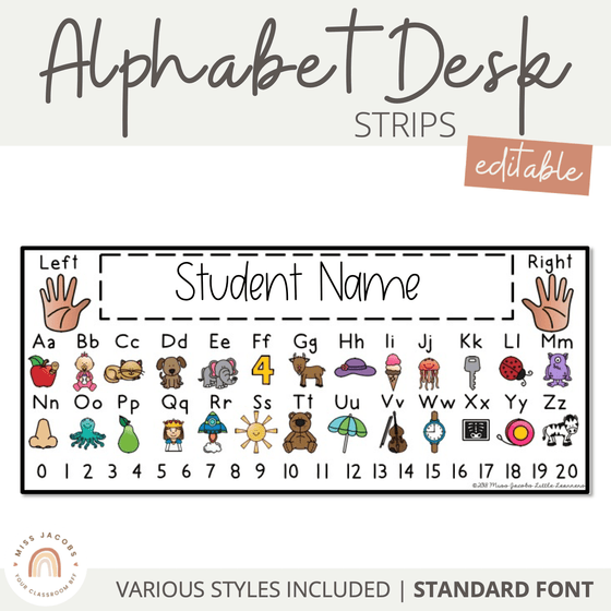 Alphabet Desk Strips with Number Line | Student Name Tags - Editable - Miss Jacobs Little Learners