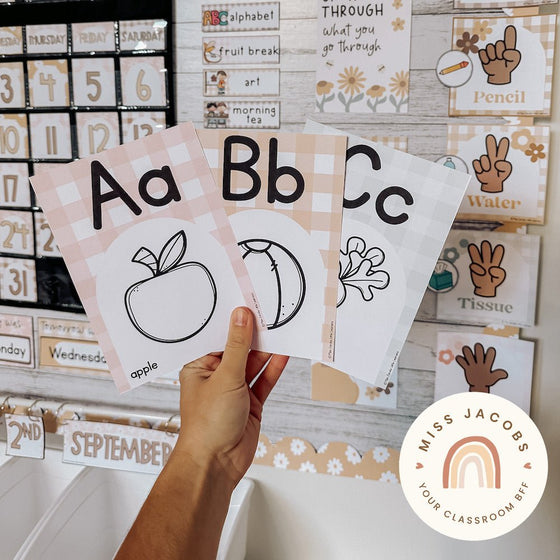Alphabet Posters | Daisy Gingham Neutrals Classroom Decor | Editable - Miss Jacobs Little Learners
