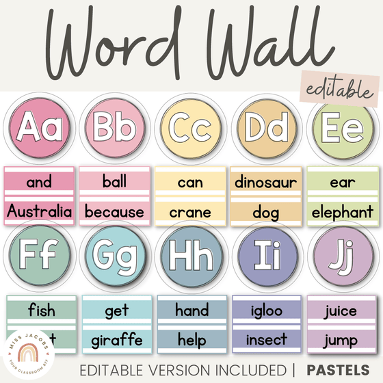 Alphabet Word Wall | PASTELS | Editable - Miss Jacobs Little Learners