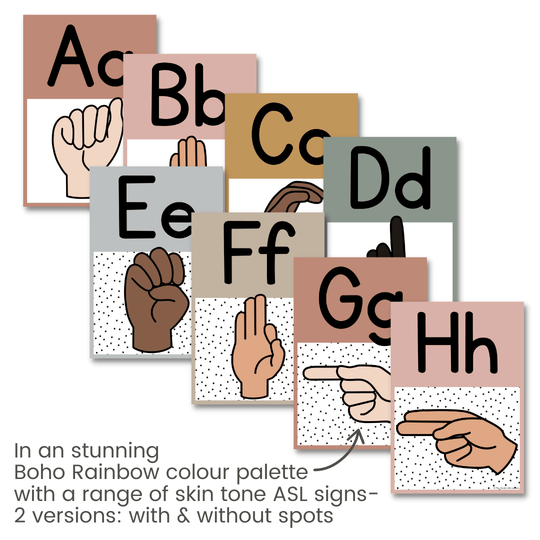 ASL Alphabet Posters - Boho Rainbow Neutrals Classroom Decor