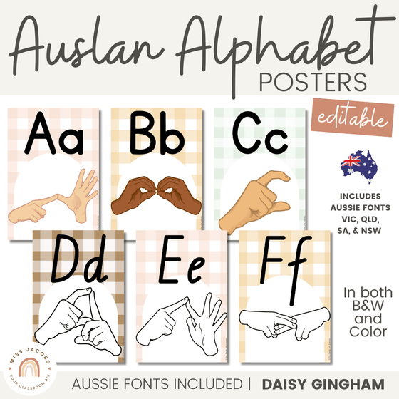 AUSLAN (Australian Sign Language) Alphabet Posters | Daisy Gingham Neutrals Classroom Decor - Miss Jacobs Little Learners