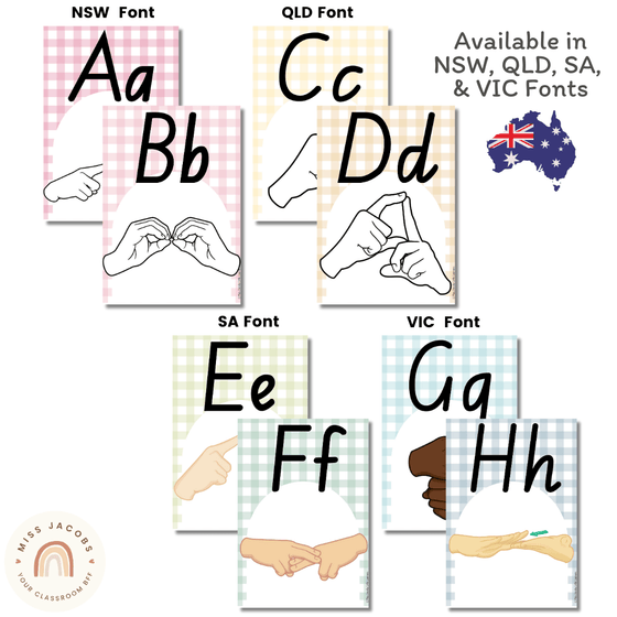 AUSLAN (Australian Sign Language) Alphabet Posters | Daisy Gingham Pastels Classroom Decor - Miss Jacobs Little Learners