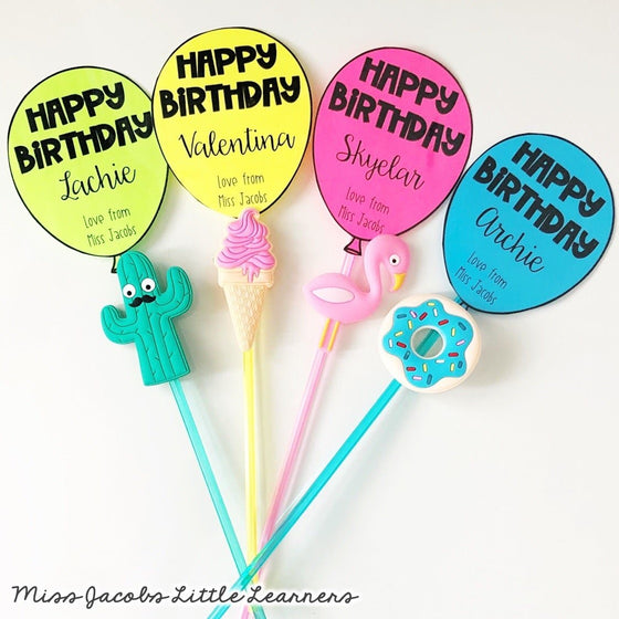 Birthday Balloon Straw Toppers | Birthday gift for students | Editable - Miss Jacobs Little Learners