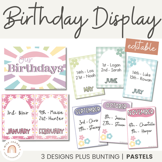 Birthday Display | Daisy Gingham Pastels Classroom Decor | Editable - Miss Jacobs Little Learners