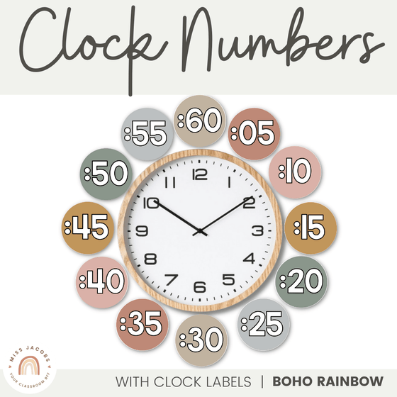 Boho Rainbow Clock Numbers | Neutral Classroom Decor - Miss Jacobs Little Learners