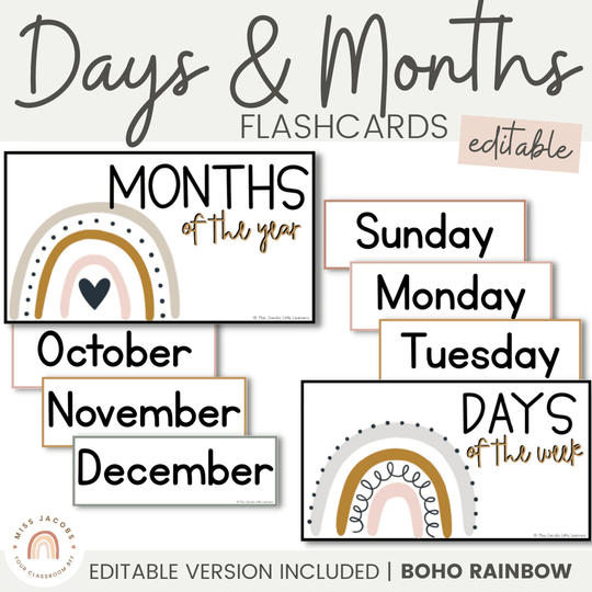 Days and Months - Boho Rainbow Neutrals Classroom Decor