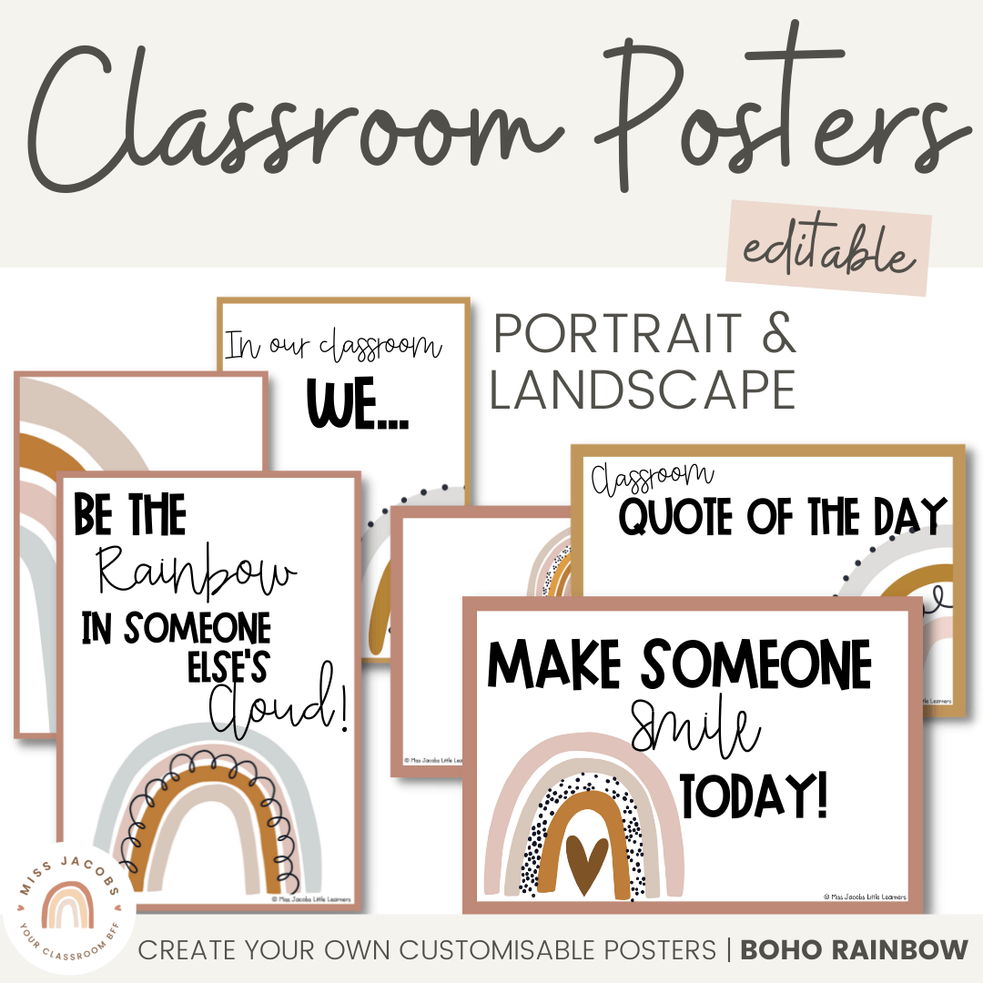 Editable Classroom Posters Templates - Boho Rainbow Theme - MJLL